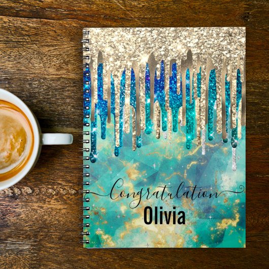 シックなブルーターコイズ金ゴールドグリッタードリップモノグラム ノートブック