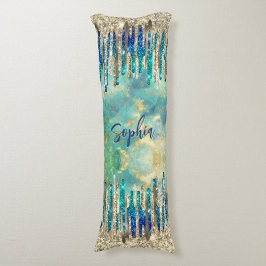 シックなブルーターコイズ金ゴールドグリッタードリップモノグラム ボディピロー (正面縦)