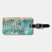 シックなブルーターコイズ金ゴールドグリッタードリップモノグラム ラゲッジタグ (正面横)