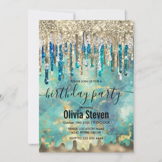 シックなブルーターコイズ金ゴールドグリッタードリップモノグラム 招待状 (正面)