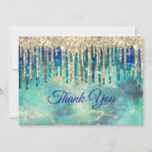 シックなブルーターコイズ金ゴールドグリッタードリップ サンキューカード (正面)