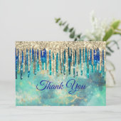 シックなブルーターコイズ金ゴールドグリッタードリップ サンキューカード (スタンド正面)