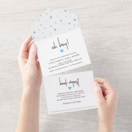 シックなブルーハート少年の赤ちゃんシャワーとブックリクエスト オールインワン招待状