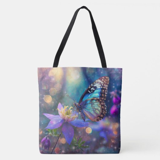 シックなブルーバタフライとオダマキ(植物)の花 トートバッグ (正面)