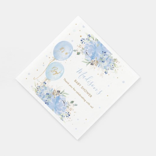 シックなブルーバルーンブルーフローラボーイベビーシャワー スタンダードランチョンナプキン (角)
