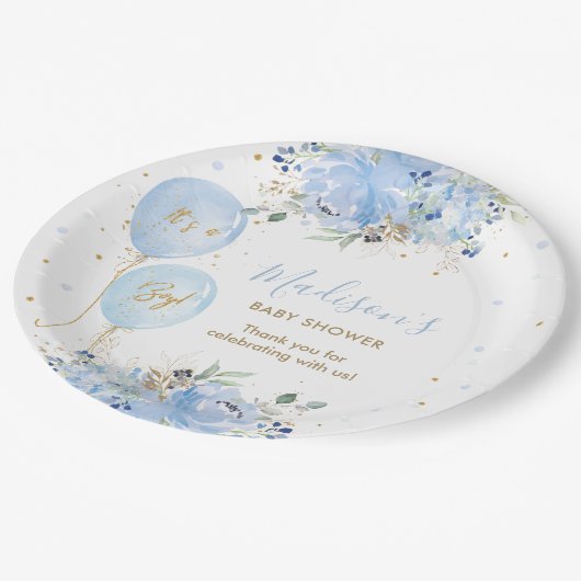 シックなブルーバルーンブルーフローラボーイベビーシャワー ペーパープレート (アングル)