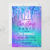 シックなブルーパープルグラデーショングリッタードリップクリスマス 招待状 (正面)