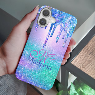 シックなブルーパープルグラデーショングリッタードリップモノグラムケース iPhone 16ケース