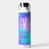 シックなブルーパープルグラデーショングリッタードリップモノグラム ウォーターボトル (正面)
