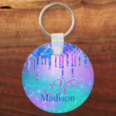 シックなブルーパープルグラデーショングリッタードリップモノグラム キーホルダー (正面)