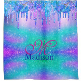 シックなブルーパープルグラデーショングリッタードリップモノグラム シャワーカーテン (正面)