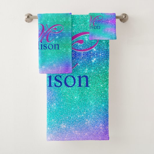シックなブルーパープルグラデーショングリッタードリップモノグラム バスタオルセット (インサイチュ)