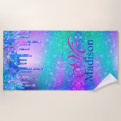 シックなブルーパープルグラデーショングリッタードリップモノグラム ビーチタオル (正面)