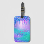 シックなブルーパープルグラデーショングリッタードリップモノグラム ラゲッジタグ (正面縦)