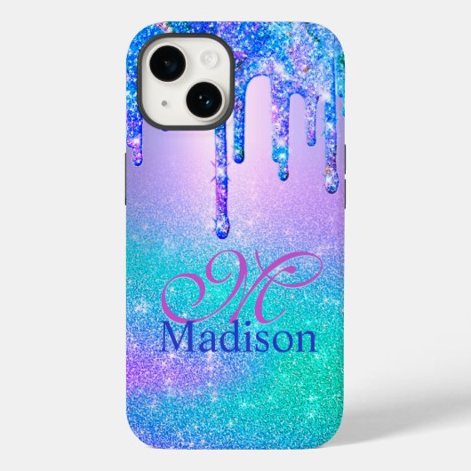 シックなブルーパープルグラデーショングリッタードリップモノグラム Case-Mate iPhoneケース (裏面)