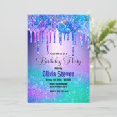 シックなブルーパープル滴下グラデーショングリッターモノグラム 招待状 (スタンド正面)