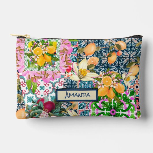シックなブルーピンクのシチリアの柑橘系フローラタイル アクセサリーポーチ (正面)