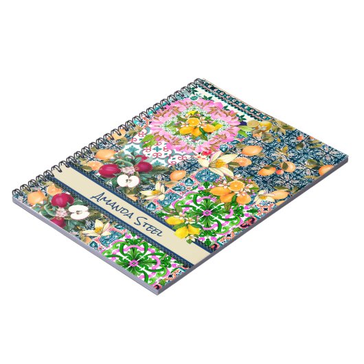 シックなブルーピンクのシチリアの柑橘系フローラタイル ノートブック (左側)