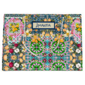 シックなブルーピンクのシチリアの柑橘系フローラタイル ラージペーパーバッグ (正面)