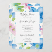 シックなブルーピンクの花ベビーシャワー 招待状 (正面/裏面)