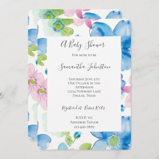 シックなブルーピンクの花ベビーシャワー 招待状 (正面/裏面)