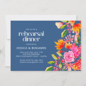 シックなブルーピンクウォーターカラーフローラリハーサルディナー 招待状 (正面)