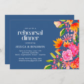 シックなブルーピンクウォーターカラーフローラリハーサルディナー 招待状 (正面/裏面)