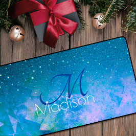 シックなブルーピンクグラデーショングリッターモノグラム デスクマット