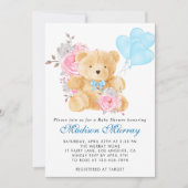 シックなブルーピンクグレーフローラテディベアーベビーシャワー 招待状 (正面)