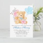 シックなブルーピンクグレーフローラテディベアーベビーシャワー 招待状 (スタンド正面)