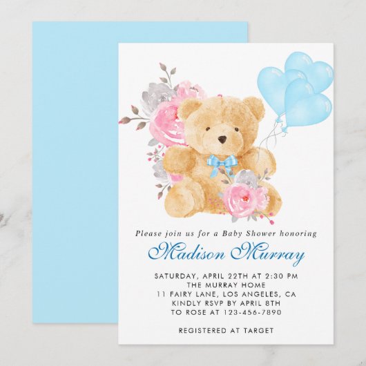 シックなブルーピンクグレーフローラテディベアーベビーシャワー 招待状 (正面/裏面)