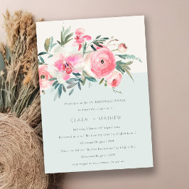 シックなブルーピンクローズオーキッドフローラリハーサルディナー 招待状