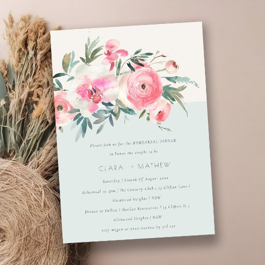 シックなブルーピンクローズオーキッドフローラリハーサルディナー 招待状