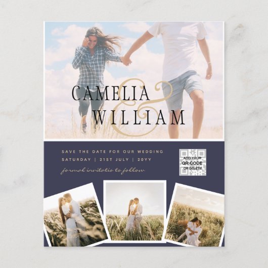 シックなブルーフォトウェディング招待QRコード救日 チラシ (正面)
