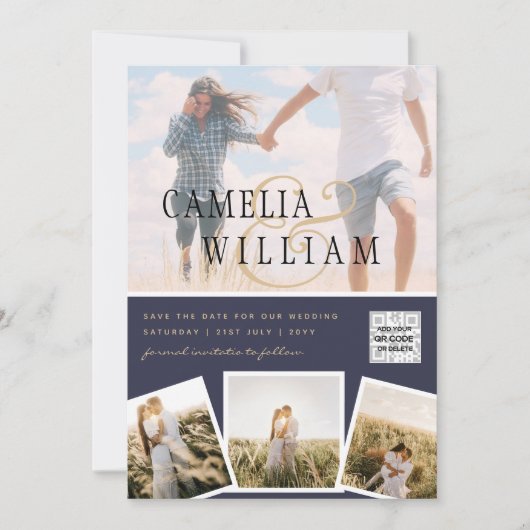 シックなブルーフォトウェディング招待QRコード救日  招待状 (正面)