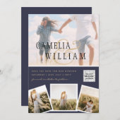 シックなブルーフォトウェディング招待QRコード救日  招待状 (正面/裏面)