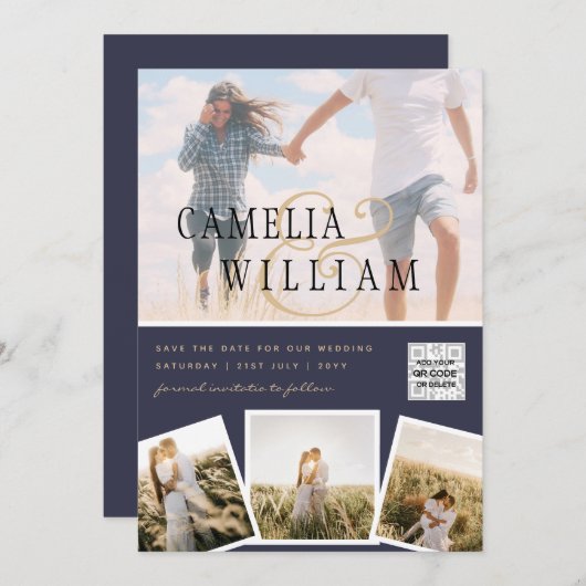 シックなブルーフォトウェディング招待QRコード救日  招待状 (正面/裏面)