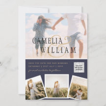 シックなブルーフォトウェディング招待QRコード救日 