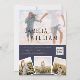 シックなブルーフォトウェディング招待QRコード救日  招待状