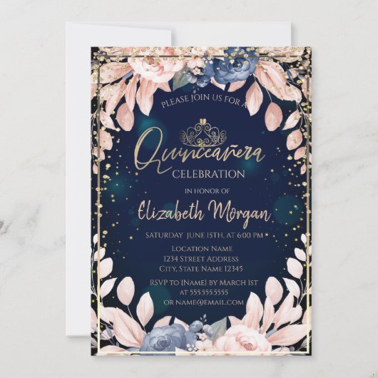 シックなブルーフラワーズ金ゴールドティアラ，ダイアモンズキンセアニラ 招待状 (正面)