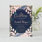 シックなブルーフラワーズ金ゴールドティアラ，ダイアモンズキンセアニラ 招待状 (スタンド正面)