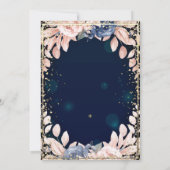 シックなブルーフラワーズ金ゴールドティアラ，ダイアモンズキンセアニラ 招待状 (裏面)