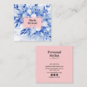シックなブルーフローラの水色エレガントピンクモダン スクエア名刺 (正面/裏面)