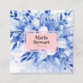 シックなブルーフローラの水色エレガントピンクモダン スクエア名刺 (正面)