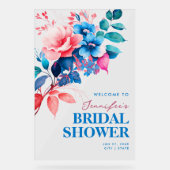 シックなブルーフローラウォーターカラーブライダルシャワーへようこそ アクリルサイン (正面)