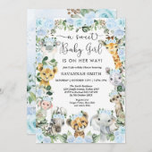 シックなブルーフローラサファリ動物ガールベビーシャワー 招待状 (正面/裏面)