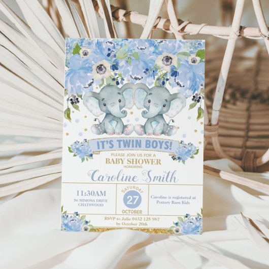 シックなブルーフローラゾウ双子ベビーシャワーボーイズ 招待状