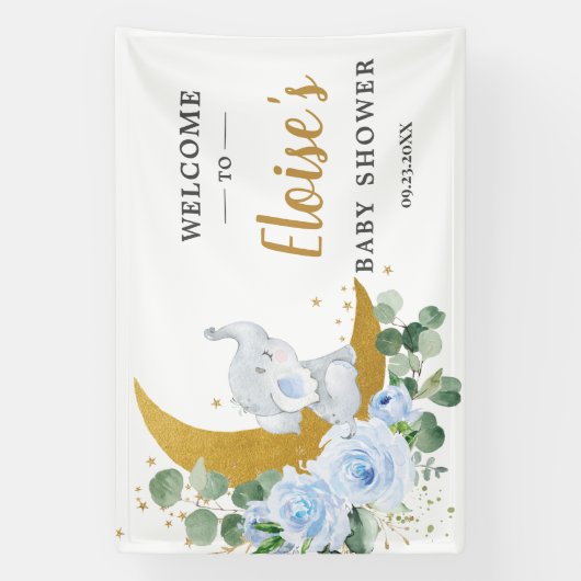 シックなブルーフローラゾウ赤ちゃんシャワー背景 横断幕 (縦)