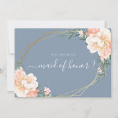 シックなブルーフローラ金ゴールドが私のメイド・オブ・オーナー（花嫁付き添い人） 招待状 (正面)