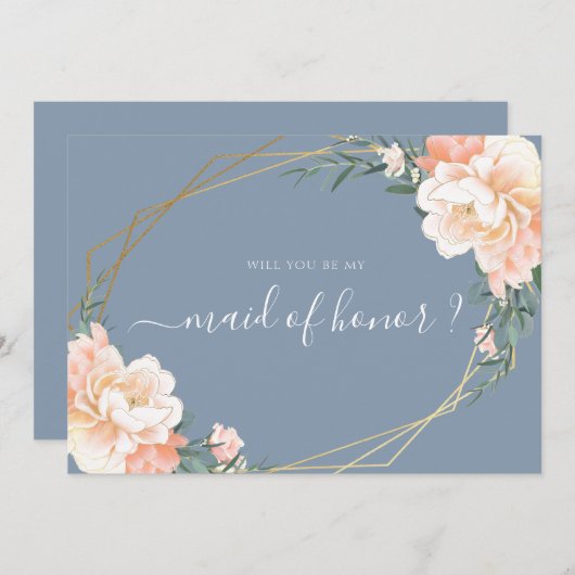シックなブルーフローラ金ゴールドが私のメイド・オブ・オーナー（花嫁付き添い人） 招待状 (正面/裏面)